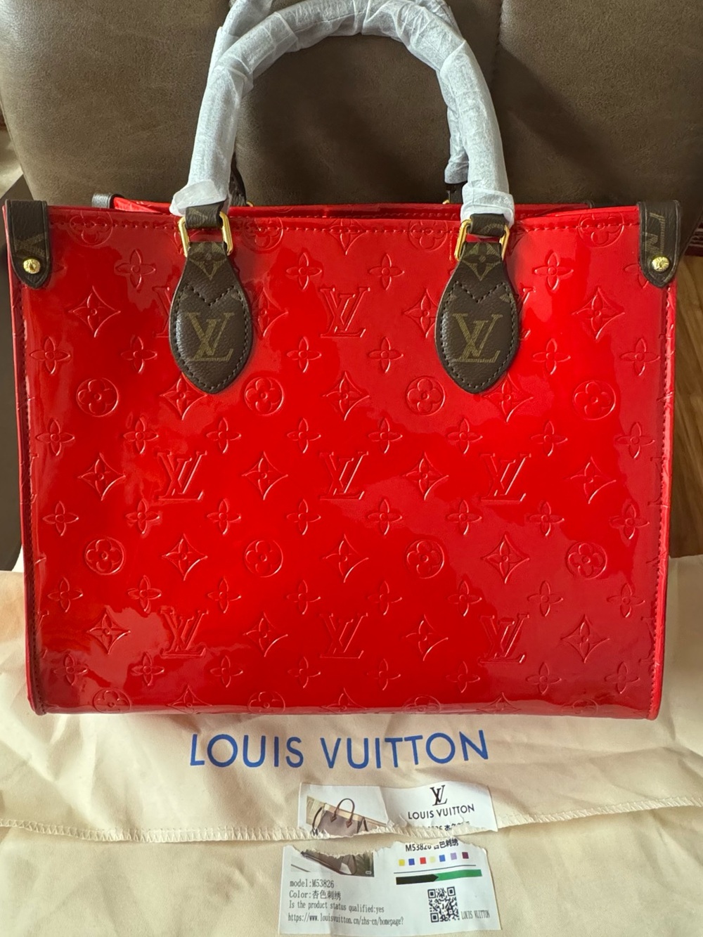 Medium Red Monogram Patent Tote